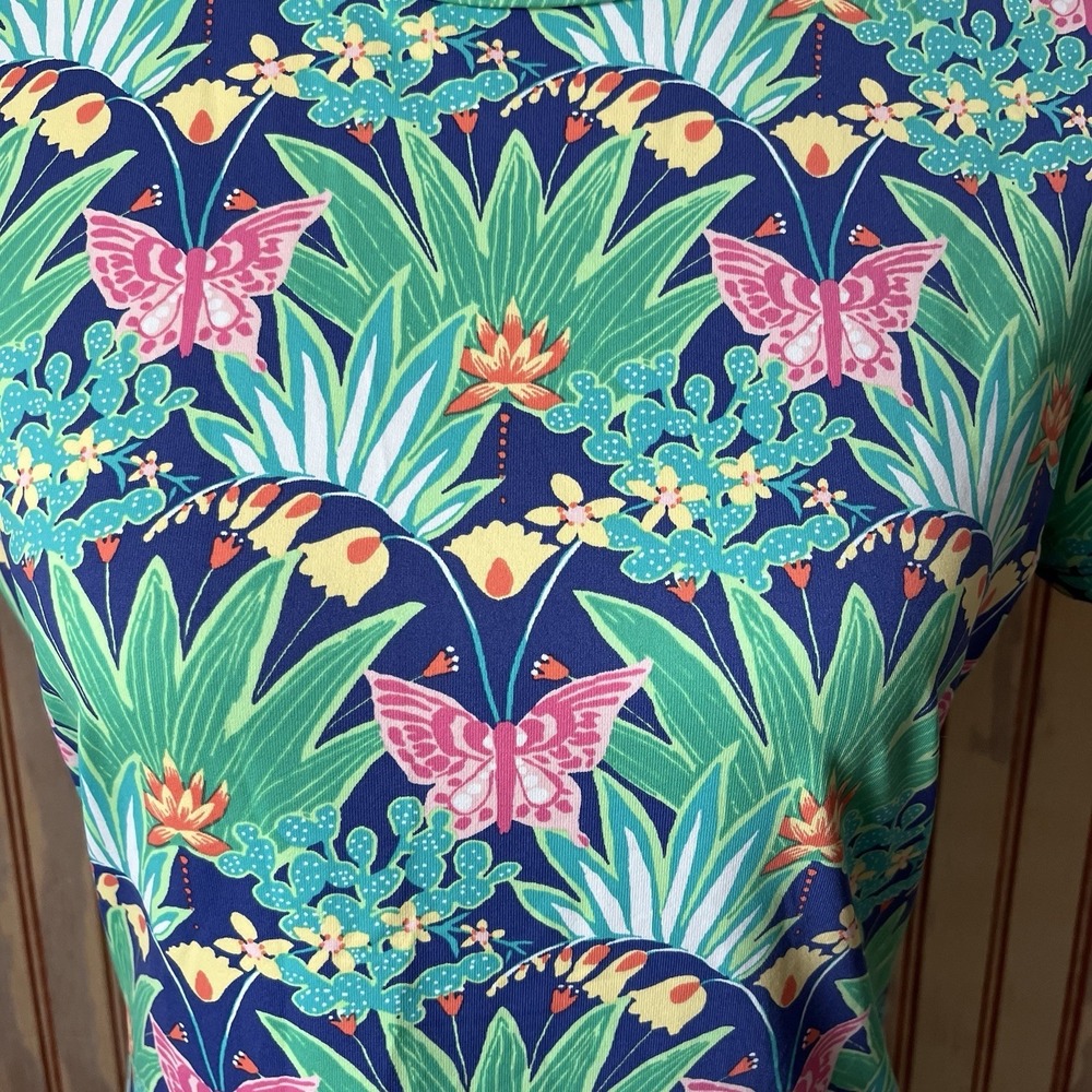 J McLaughlin Tropical Butterfly Print Navy Green‎ Stretch Knit Coastal T-Shirt M - Picture 2 of 7